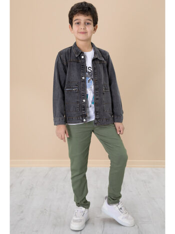 Cansın Mini Gray Smoky Zipper Pocket Denim Jacket with Pants 3-Piece Set for Boys 20017