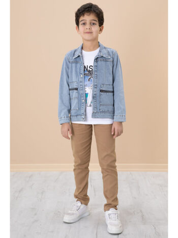 Cansın Mini Blue Zipper Pocketed Jean Jacket with Pants 3-Piece Set for Boys 20019
