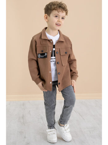 Cansın Mini Brown Plate Pocket Flap Shirt and Jean Pants 3-Piece Set for Boys 20024