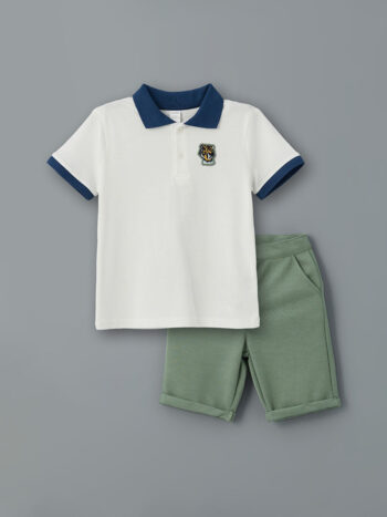 LCW Kids  Off-White Polo Neck Embroidered Boys' T-Shirt and Shorts Set (2 Pieces)