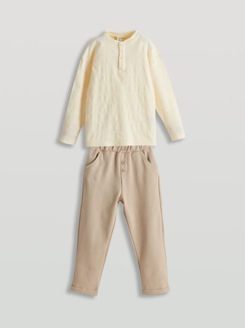 LCW Kids Bej Crew Neck Boys' T-Shirt and Pants Set of 2