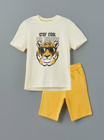 LCW Kids Beij Crew Neck Printed Boys' T-Shirt and Shorts Set (2 Pieces)
