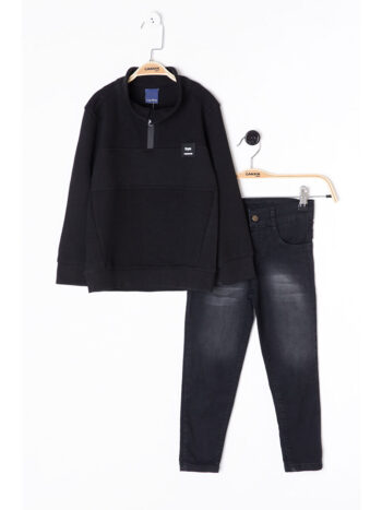 Cansın Mini Black Zip Collar Sweatshirt and Jean Pants Set for Boys 20107
