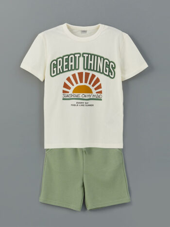 LCW Kids                                                                                        Cream Crew Neck Boys' T-Shirt and Shorts
