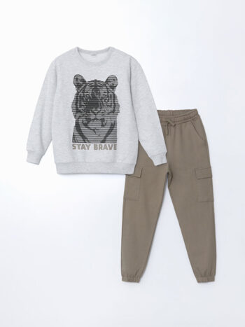 LCW Kids Beige Crew Neck Boys' Tracksuit Set
