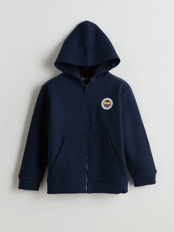 LCW Kids Navy Blue Hooded Fenerbahçe Printed Boys Thick Zip-Up Sweatshirt