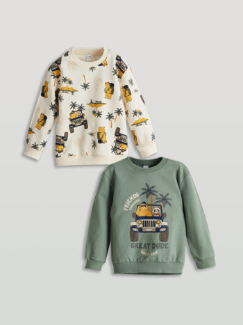 LCW Kids Green Bicycle Neck Printed Boys' Sweatshirt Set of 2