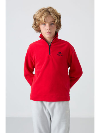 TOMMYLIFE Red Thick Soft Textured Standard Fit Embroidered Fleece Sweatshirt for Boys - 11221