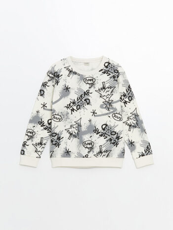 LCW Kids                                            Off-White Crew Neck Christmas-Themed Boys' Sweatshirt