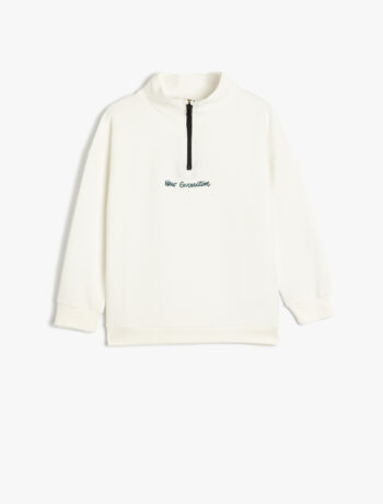 Boys' Stand Collar Half-Zip Long Sleeve Sweatshirt with Slogan Embroidery