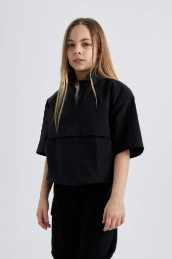 Girl's Zippered Collar Short Sleeve Blouse