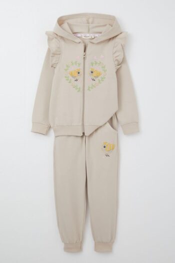 Girl's Tracksuit Set with Flower & Bird Embroidery in Beige (Ages 1.5-5)