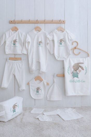 Tuğba Kuğu Organic 11-Piece Hospital Discharge Set - For Baby - Bunny with Overalls