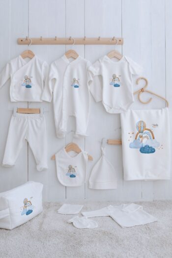 Tuğba Kuğu Organic 11-Piece Hospital Exit Set - For Baby - Blue Clouds and Balloons