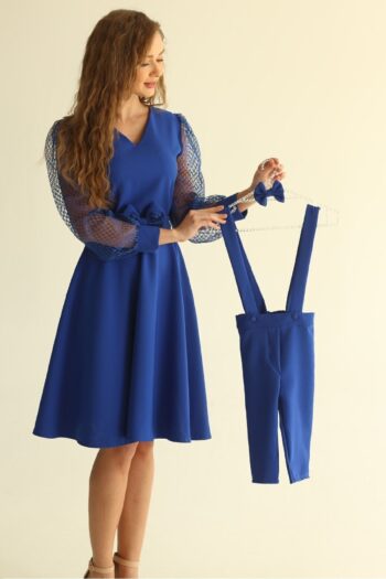 LITTLE BOUTIQUE Blue Mesh Sleeve Flared Dress for Mother and Son (MOTHER AND CHILD MUST BE ADDED TO THE CART SEPARATELY)