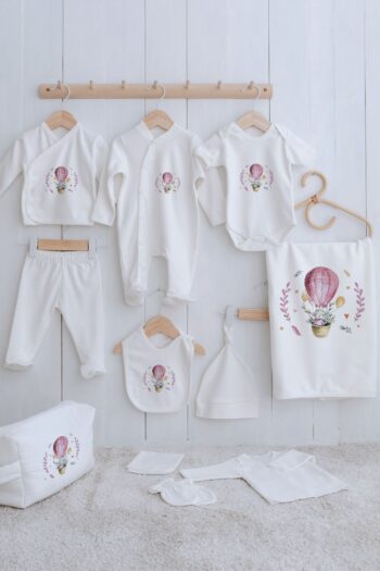 Tuğba Kuğu Organic 11-Piece Hospital Exit Set - For Baby - Pink Balloon Elephant