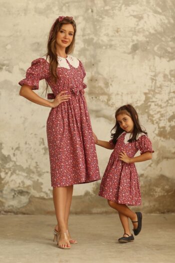 MY LITTLE BOUTIQUE Vintage Ruffled Collar Burgundy Floral Poplin Mother and Daughter Design (MOTHER AND CHILD SOLD SEPARATELY)