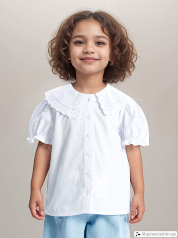 LCW Kids                                            Off-White Baby Collar Short Sleeve Embroidered Baby Girl Shirt