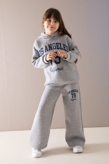 Cansın Mini Gray California Printed Hoodie Set for Girls 19876