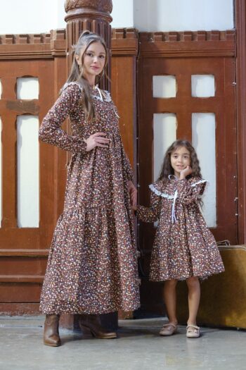 MY LITTLE BOUTIQUE Vintage Mobile Collar Long Sleeve Brown Layered Mother Daughter Children's Design (SINGLE PRICE)