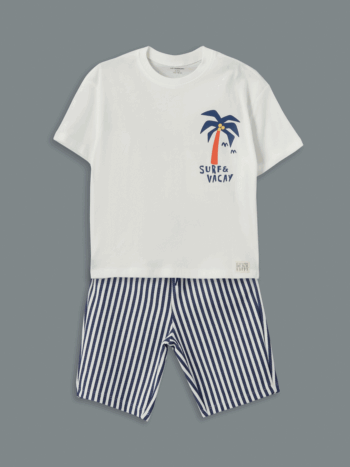 LCW Kids                                            Ecru Printed Crew Neck T-Shirt and Shorts Set for Boys 2-Piece