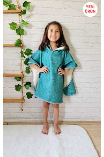 PAMUK HANIM Soft Cotton Hooded Towel Poncho for Girls and Boys - Sea, Beach, Pool, Bath - EMERALD GREEN