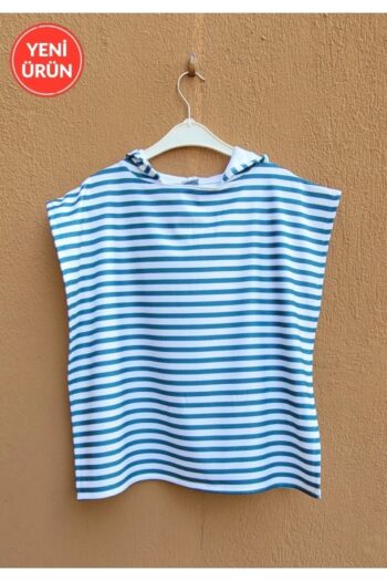 PAMUK HANIM Hooded Soft Bamboo Striped Beach, Sea, Pool Towel Poncho for Boys and Girls in Petrol Blue