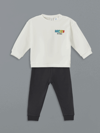 LCW Baby  Beige Mickey Mouse Printed Crew Neck Sweatshirt and Sweatpants Set for Boys