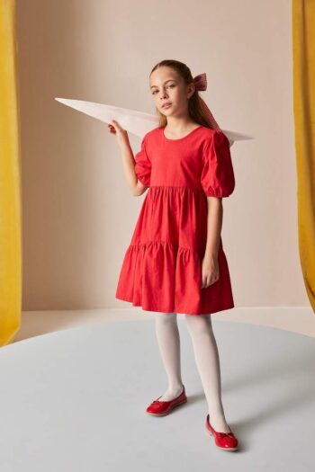 Girl's April 23 Children's Day Cotton Short Sleeve Red Dress with Bicycle Neck