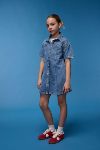 Girl's Short Sleeve Cotton Jean Dress with Collar