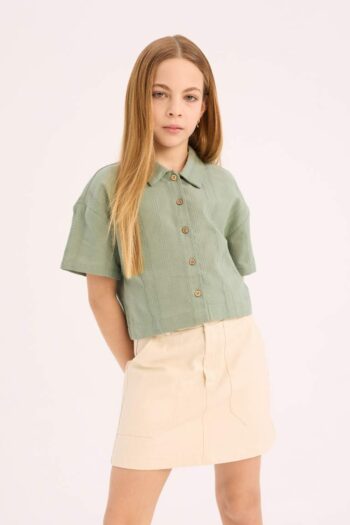 Girl's Crop Linen Short Sleeve Shirt