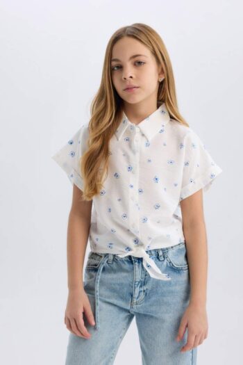 Girls' Crop Patterned Tie Detail Short Sleeve Shirt