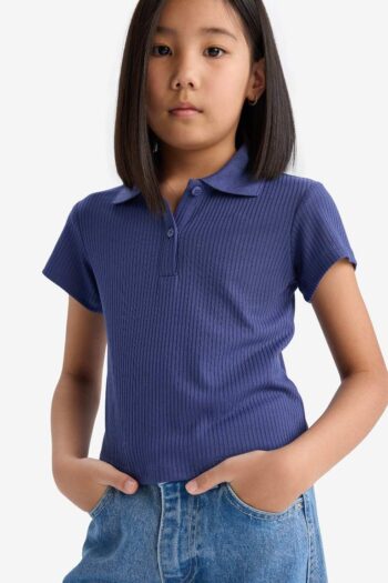 Girl's Slim Fit Fitted Basic Ribbed Short Sleeve Polo T-shirt