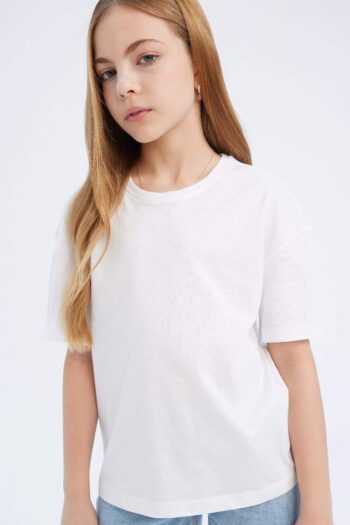 Girls' Relaxed Fit Bicycle Neck Basic Plain Short Sleeve T-Shirt