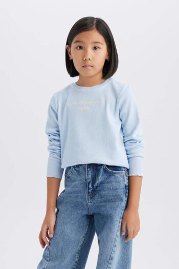 Girl's Slim Fit Narrow Cut Printed Ribbed Long Sleeve T-shirt with Crew Neck