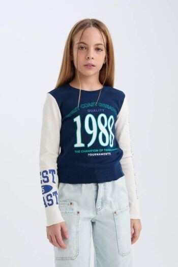 Girls' Crop Bicycle Neck Printed Ribbed Long Sleeve T-Shirt
