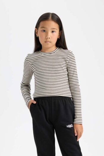 Girl's Cropped Fit Polo Collar Striped Ribbed Long Sleeve T-Shirt