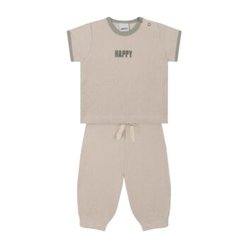 Green Detailed Beige Waffle Short Sleeve Set