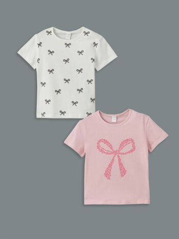 LCW Kids                                                                                                Ecru Crew Neck T-Shirt with Ribbon Detail for Girls - Set of 2