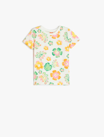 Baby Girl Short Sleeve Floral Print Crew Neck Cotton T-Shirt