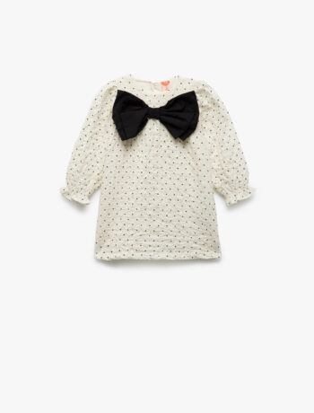 Cotton Bow Detail Long Sleeve Crew Neck Dress for Baby Girls
