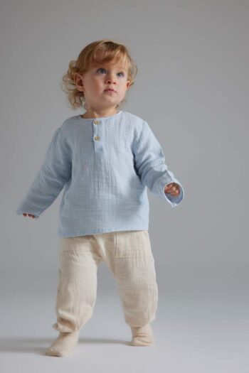 Boys' 2-Piece Set: Long Sleeve Muslin Top with Bicycle Neck and Elastic Waist Bottom
