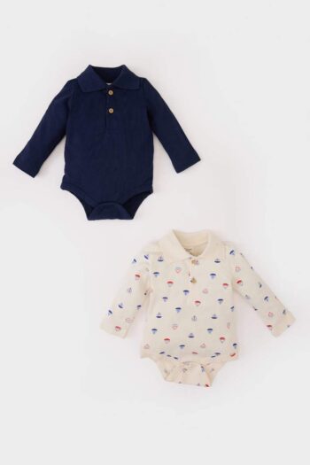 Newborn Baby Boy Printed Polo Collar 2-Pack Long Sleeve Snap Bodysuit