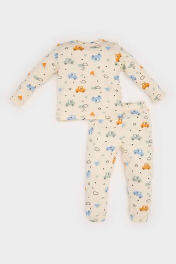 Boys' Pajama Set with Vehicle Print, Ribbed Long Sleeve Top with Elastic Waist Long Bottoms