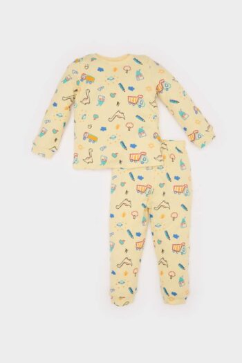 Boys' Baby Pajama Set with Car Print, Long Sleeve Waffle Top, Elastic Waist Long Bottom