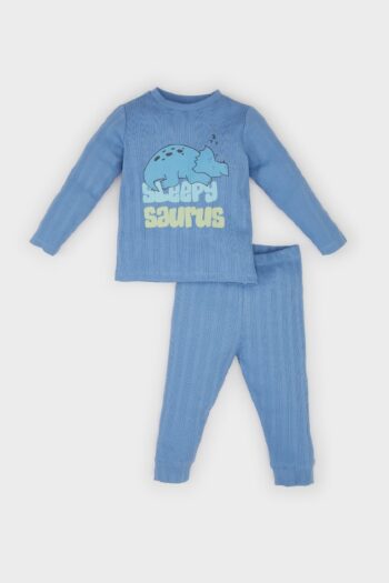 Boy's Pajama Set Ribbed Cotton Dinosaur Print Long Sleeve Top with Elastic Waist Long Pants