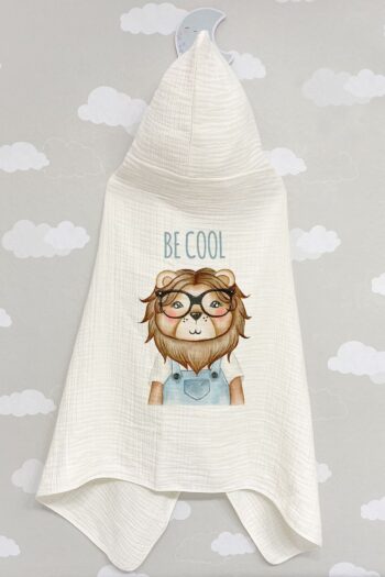 Tuğba Kuğu 4-Layer Muslin Hooded Towel - Young Series - Glasses-Wearing Smiling Lion