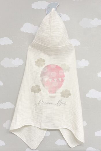 Tuğba Kuğu 4-Layer Muslin Hooded Towel - Pure Baby Series - Cloudy Pink Hot Air Balloon
