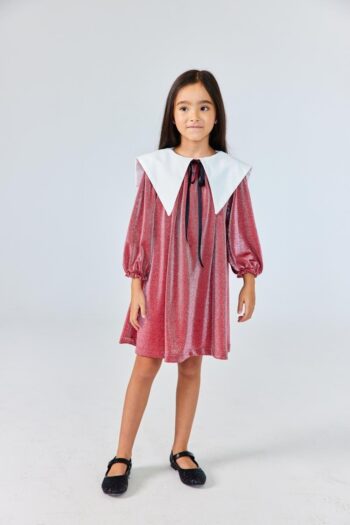 Red Long Sleeve Collar Detail Shimmer Dress for Girls - Maya