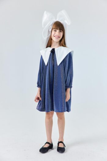 Navy Long Sleeve Collar Detailed Glittery Girl's Dress - Maya
